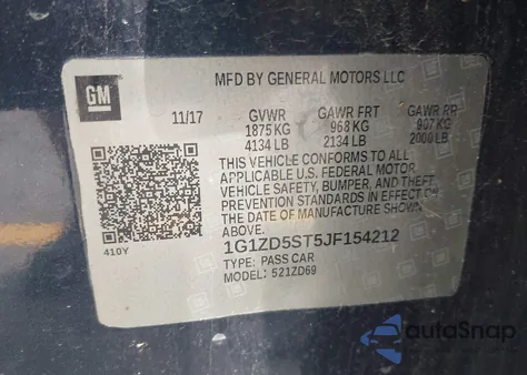 2018 Chevrolet Malibu Lt z USA, uszkodzony, nr VIN 1G1ZD5ST5JF154212